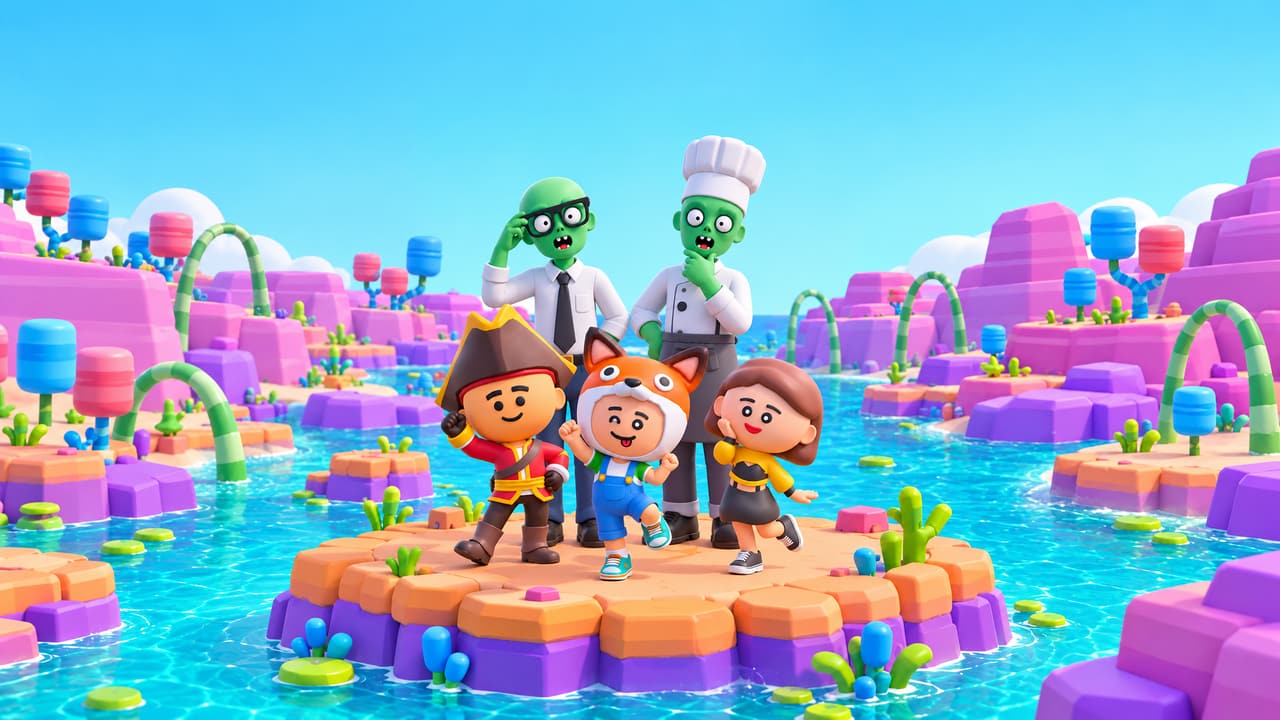 Undying Arena key art: three chibi heroes on a small orange-and-violet stone island in a turquoise lagoon, with two goofy green cartoon zombies, a clerk and a chef, standing behind them.