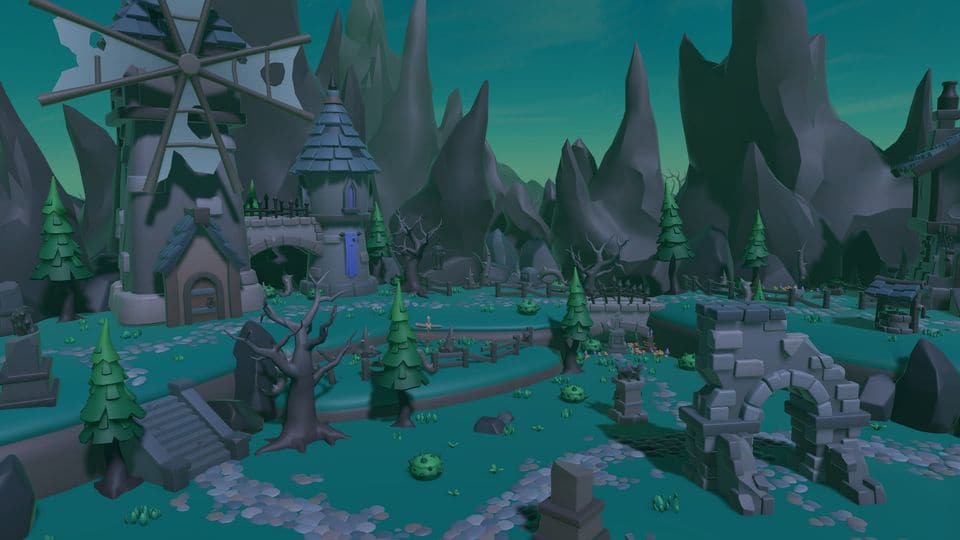 Dark Valley, rendered in the game: a moonlit valley under green fog.