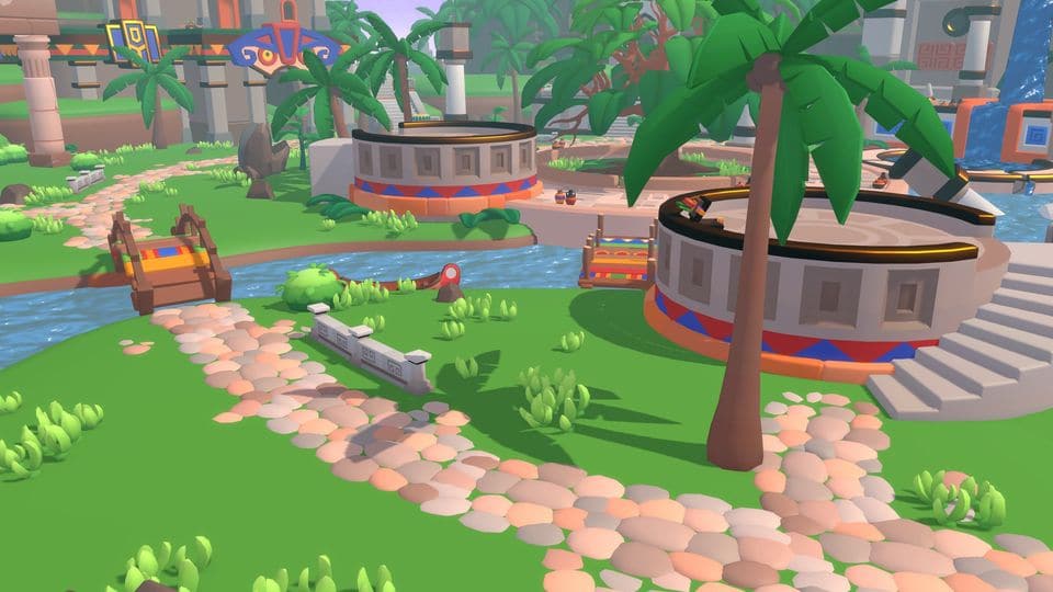 Temple, rendered in the game: jungle ruins on an island in warm noon sun.