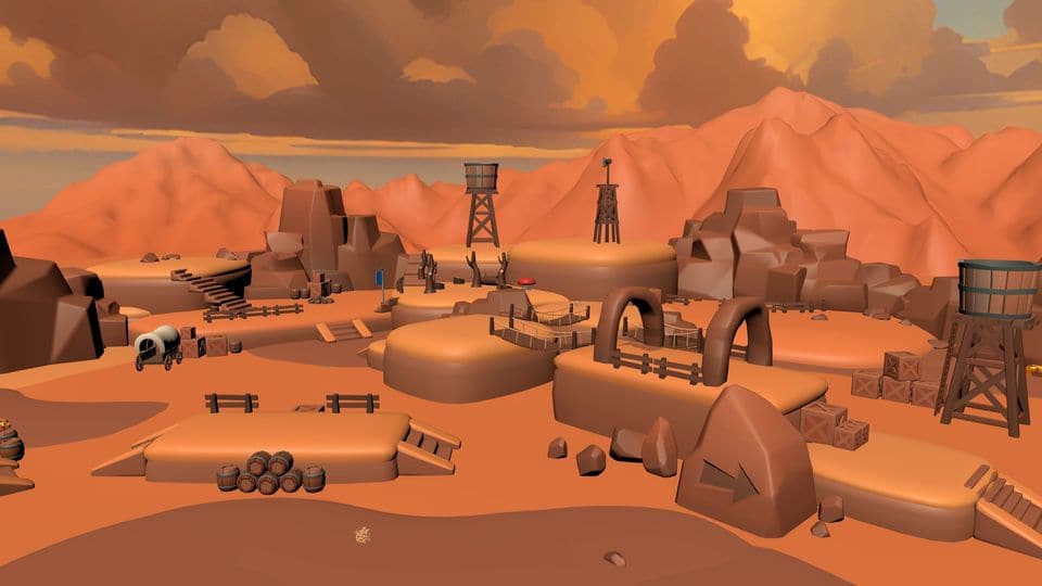 Western, rendered in the game: red mesas round a wooden frontier town.