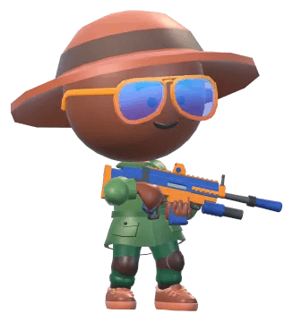 A chibi hero in a safari hat, gold aviators and an explorer jacket, holding the Twin Rifle