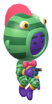 A chibi hero in the googly critter costume, jumping, with the Fizzer