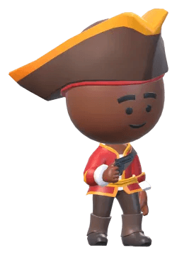 A chibi hero in the pirate costume, firing the Six Shot