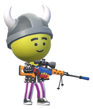 A chibi hero in a viking helmet and rock star jacket, reloading the Moon Shot
